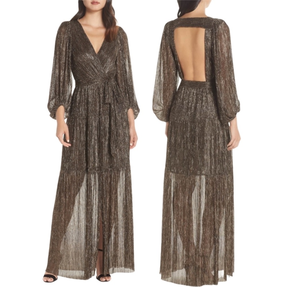 Eliza J Gold Metallic Pleated Backless Maxi Wrap Dress Long Sleeve